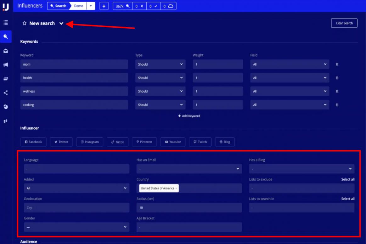 Influencer Search Option