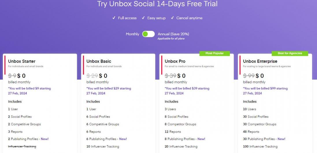 unbox social pricing