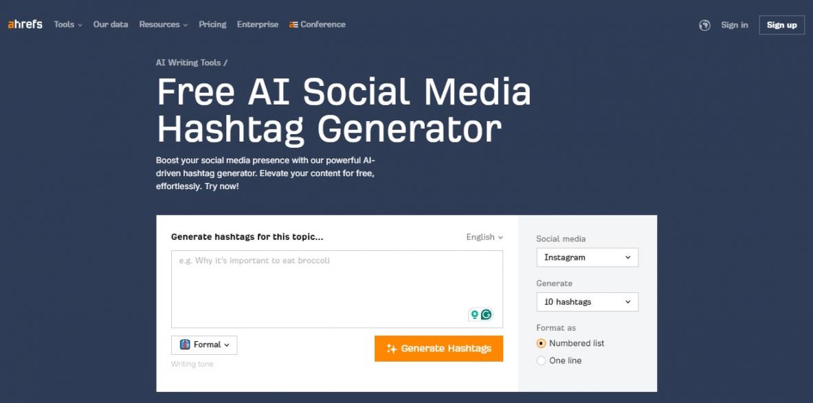 Ahrefs hashtag gerator homepage