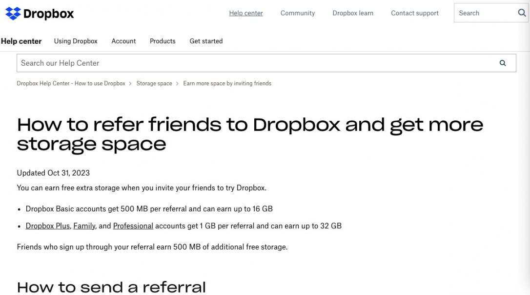 Dropbox referral homepage