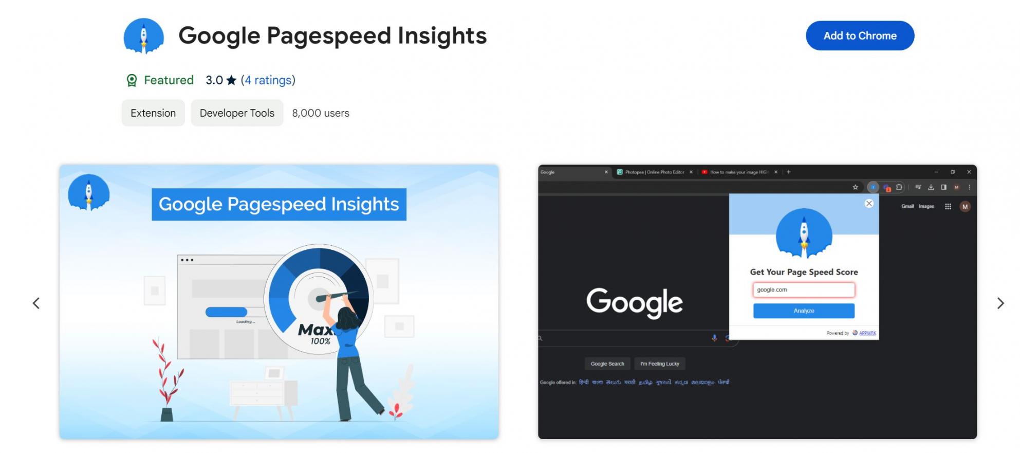 Google pagespeed Hompage