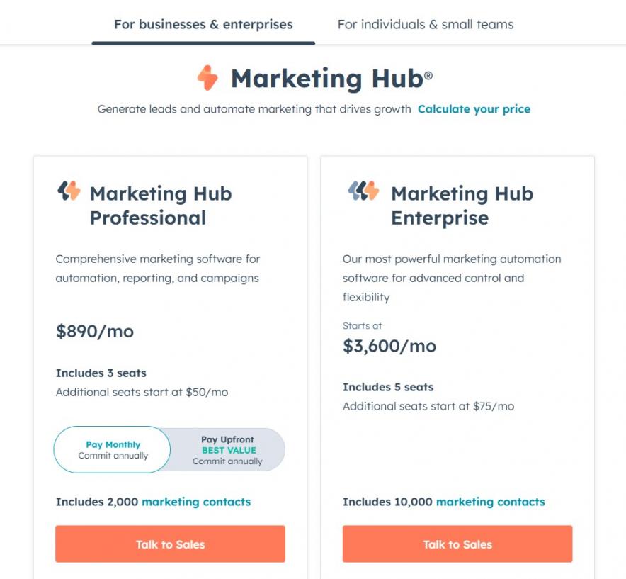 HubSpot Pricing - businesses and enterprises