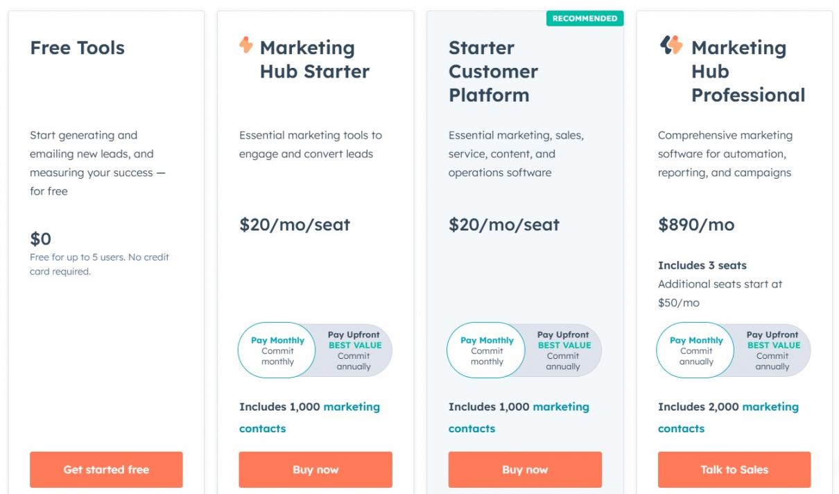 HubSpot Pricing - individuals small teams