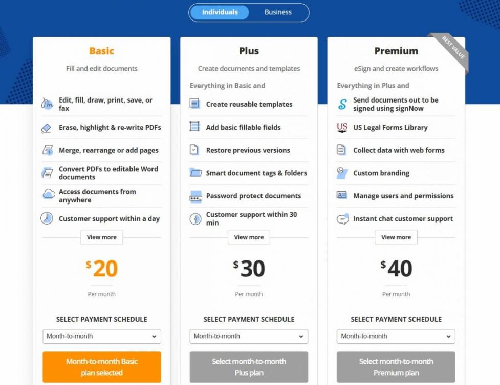 pdfFiller Individuals Pricing