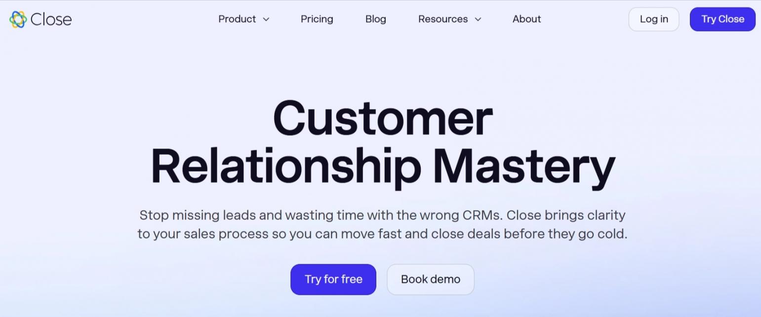 Close CRM homepage