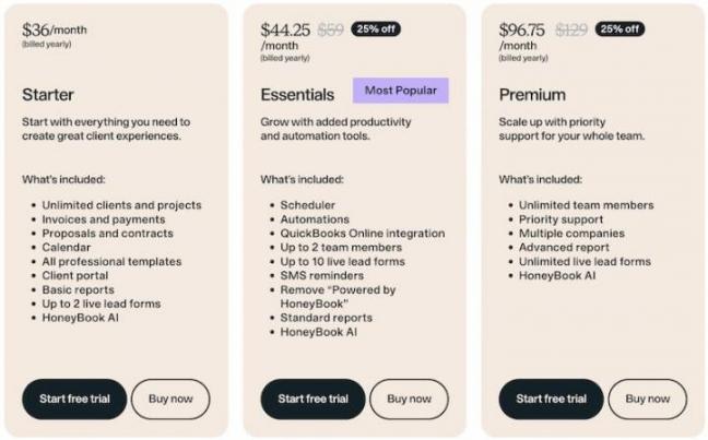 honeybook pricing
