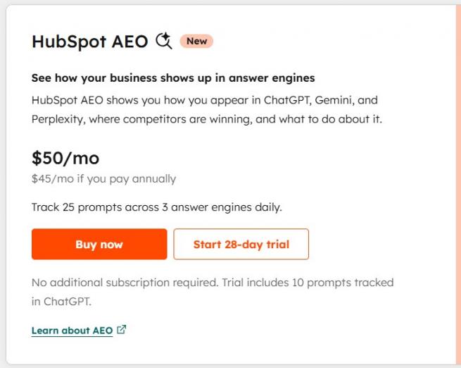 HubSpot AEO Grader pricing