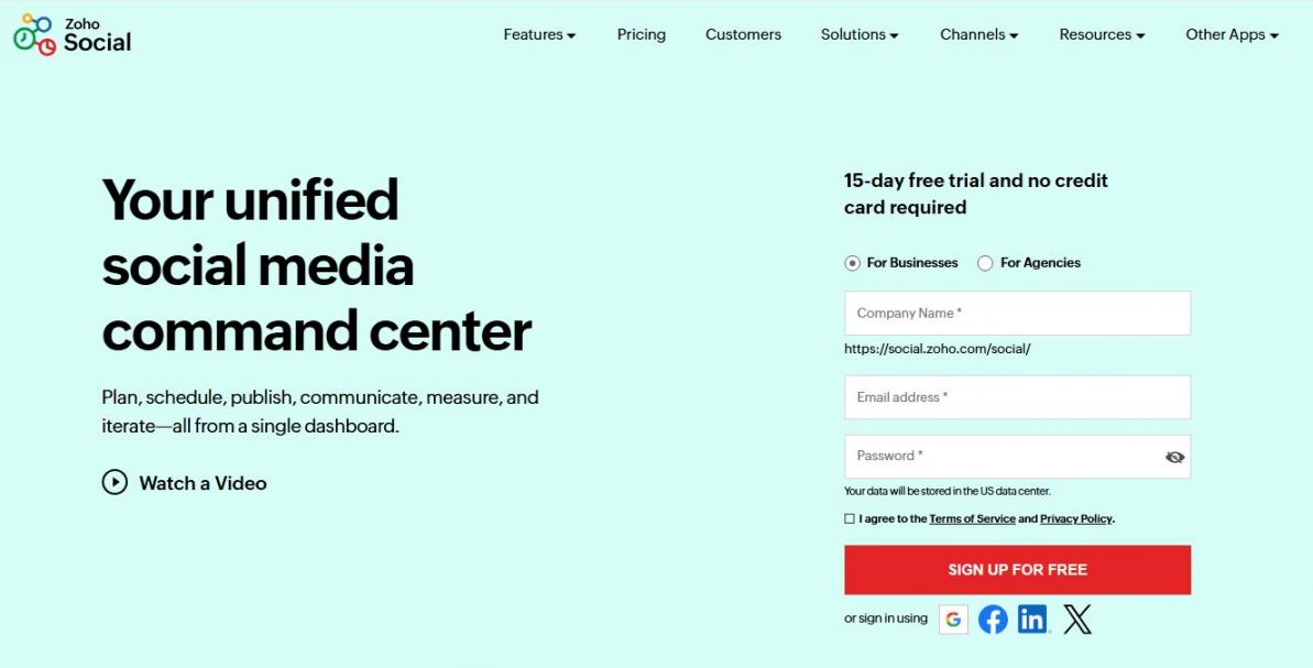 Zoho Social Homepage