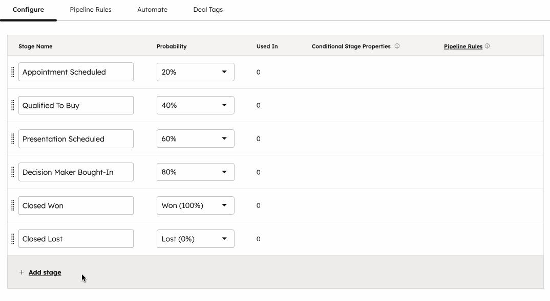 Customize probability percentage for deal stages