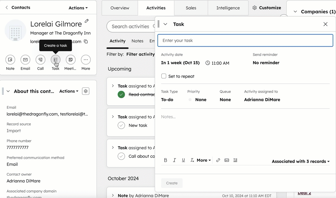 create task on record for individual records