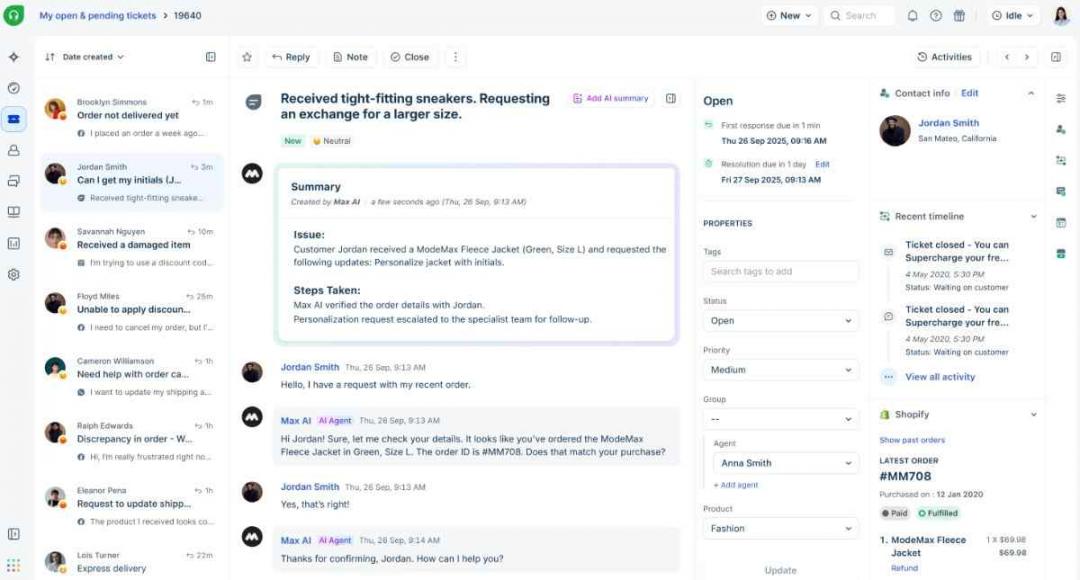 A dashboard screenshot of Freshdesk showing customer conversations