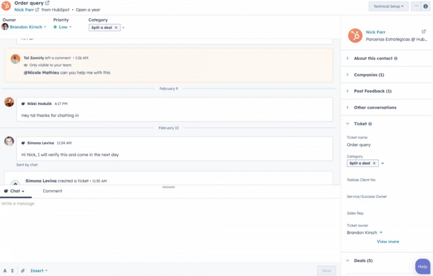 Dashboard screenshot showing a unified customer record in HubSpot Service Hub