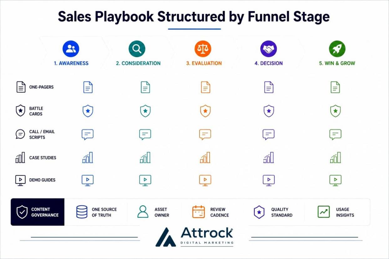 Sales playbook structured by funnel stage
