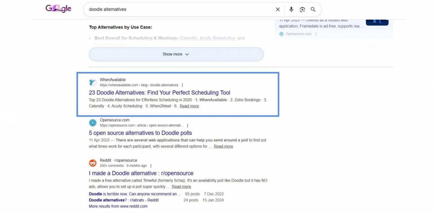 WhenAvailable ranking page one for ‘doodle alternatives’