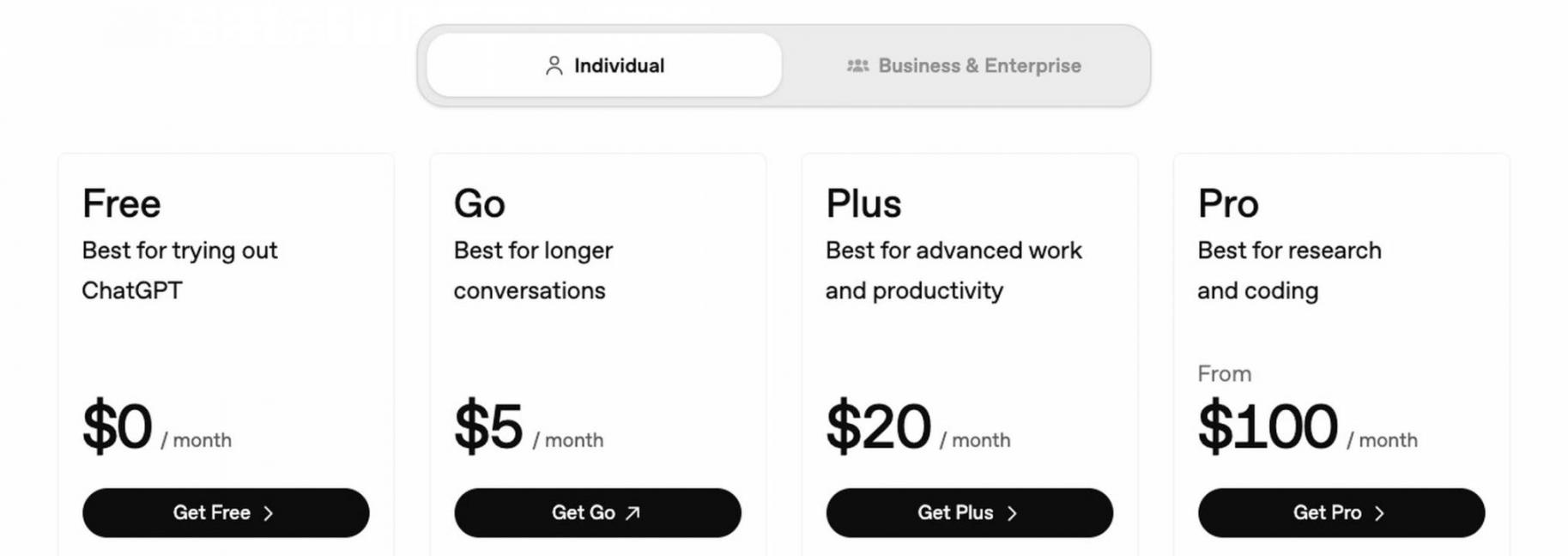 ChatGPT Individual pricing