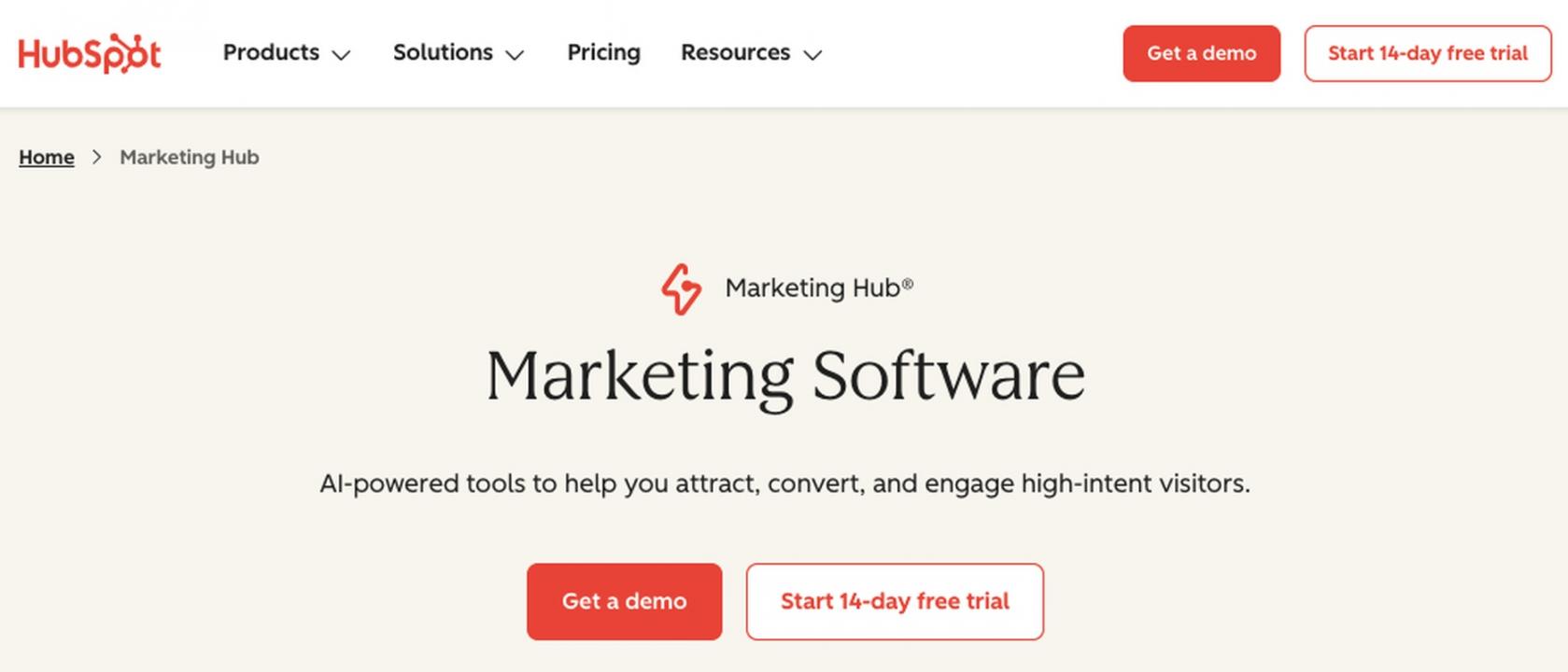 HubSpot Marketing Hub homepage