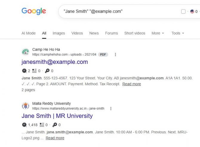 Google Email Search Example